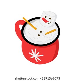 Christmas hot chocolate mag with marshmallow snowman. Winter holiday traditional hot drink with childish decoration. Vector hand drawn flat illustration in red color