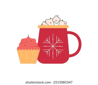 Christmas hot chocolate with marshmallow and cupcake. Winter festive drink and sweet muffin. Warm sweet xmas cocoa with small dessert. Flat vector illustration isolated on white background