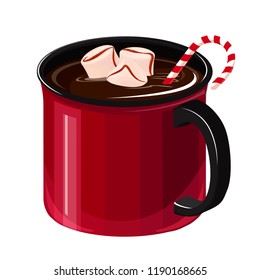 Christmas hot chocolate with marshmallow and stripped stick caramel.  Handmade delicious hot chocolate illustration.Vector illustration  Isolation on white background
