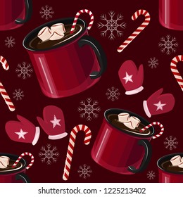 Christmas hot chocolate with mittens on blue background. Vector seamless pattern