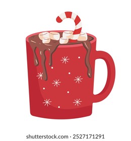 Christmas hot chocolate mug with marshmallows and candy cane. Vector winter holiday illustration. Isolated on white background