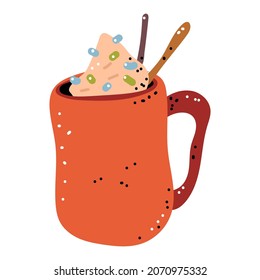 Christmas hot chocolate in red cup vector cartoon illustration isolated on a white background.
