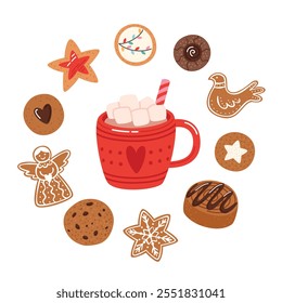 Navidades de cacao caliente y postres navideños. Tradicional bebida navideña, dulces y panadería. Colección de Ilustraciones vectoriales de alimentos aisladas sobre fondo blanco