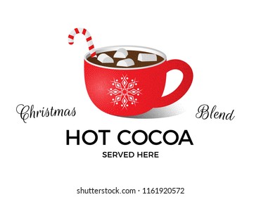 Christmas Hot Cocoa Served Here. Vector illustration with red mug and snowflake for banner and poster design isolated on white background.