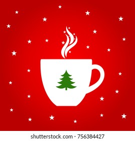 Christmas hot coffee or chocolate cup on red background. Vector illustration