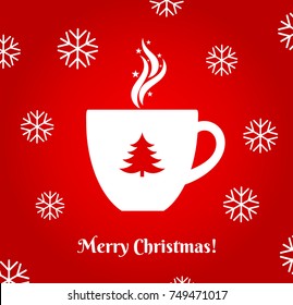 Christmas Hot Coffee Cup On Red Background. Vector Illustration