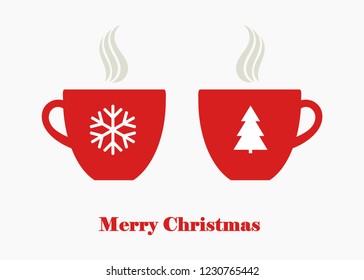 Christmas hot coffee, tea or chocolate beverage in red cups. Vector illustration.
