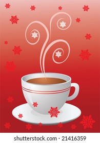 Christmas hot cup of coffee on red with snowflakes