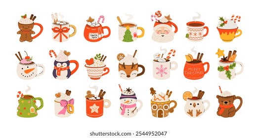 Christmas hot drink big collection. Flat cartoon beverages. Holiday cute mugs with hot cocoa, coffee, and mulled wine. New year drinks decorated with sweets and candy. Isolated vector illustration