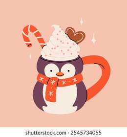 Christmas hot drink big collection. Flat cartoon beverages. Holiday cute mugs with hot cocoa, coffee, and mulled wine. New year drinks decorated with sweets and candy. Isolated vector illustration