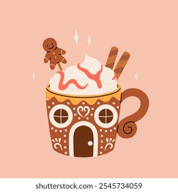 Christmas hot drink big collection. Flat cartoon beverages. Holiday cute mugs with hot cocoa, coffee, and mulled wine. New year drinks decorated with sweets and candy. Isolated vector illustration