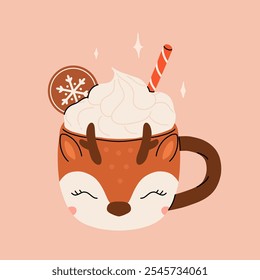 Christmas hot drink big collection. Flat cartoon beverages. Holiday cute mugs with hot cocoa, coffee, and mulled wine. New year drinks decorated with sweets and candy. Isolated vector illustration