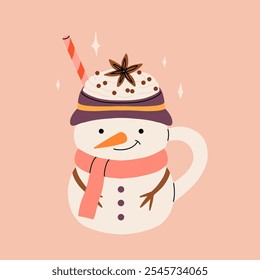 Christmas hot drink big collection. Flat cartoon beverages. Holiday cute mugs with hot cocoa, coffee, and mulled wine. New year drinks decorated with sweets and candy. Isolated vector illustration