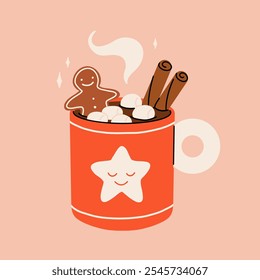 Christmas hot drink big collection. Flat cartoon beverages. Holiday cute mugs with hot cocoa, coffee, and mulled wine. New year drinks decorated with sweets and candy. Isolated vector illustration