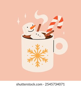 Christmas hot drink big collection. Flat cartoon beverages. Holiday cute mugs with hot cocoa, coffee, and mulled wine. New year drinks decorated with sweets and candy. Isolated vector illustration