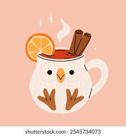 Christmas hot drink big collection. Flat cartoon beverages. Holiday cute mugs with hot cocoa, coffee, and mulled wine. New year drinks decorated with sweets and candy. Isolated vector illustration