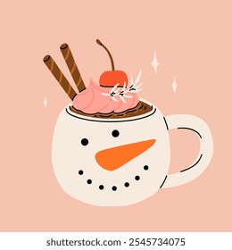 Christmas hot drink big collection. Flat cartoon beverages. Holiday cute mugs with hot cocoa, coffee, and mulled wine. New year drinks decorated with sweets and candy. Isolated vector illustration