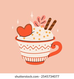 Christmas hot drink big collection. Flat cartoon beverages. Holiday cute mugs with hot cocoa, coffee, and mulled wine. New year drinks decorated with sweets and candy. Isolated vector illustration