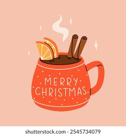 Christmas hot drink big collection. Flat cartoon beverages. Holiday cute mugs with hot cocoa, coffee, and mulled wine. New year drinks decorated with sweets and candy. Isolated vector illustration