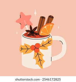 Christmas hot drink big collection. Flat cartoon beverages. Holiday cute mugs with hot cocoa, coffee, and mulled wine. New year drinks decorated with sweets and candy. Isolated vector illustration