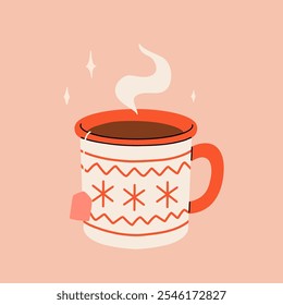 Christmas hot drink big collection. Flat cartoon beverages. Holiday cute mugs with hot cocoa, coffee, and mulled wine. New year drinks decorated with sweets and candy. Isolated vector illustration