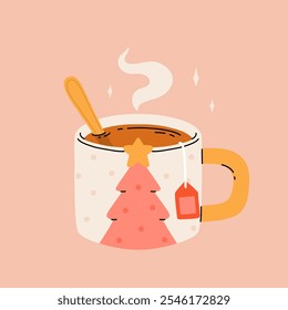 Christmas hot drink big collection. Flat cartoon beverages. Holiday cute mugs with hot cocoa, coffee, and mulled wine. New year drinks decorated with sweets and candy. Isolated vector illustration