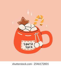 Christmas hot drink big collection. Flat cartoon beverages. Holiday cute mugs with hot cocoa, coffee, and mulled wine. New year drinks decorated with sweets and candy. Isolated vector illustration