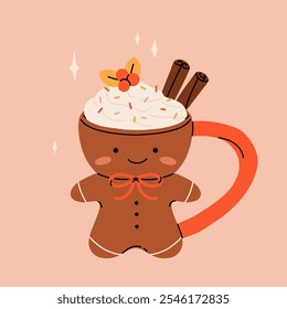 Christmas hot drink big collection. Flat cartoon beverages. Holiday cute mugs with hot cocoa, coffee, and mulled wine. New year drinks decorated with sweets and candy. Isolated vector illustration