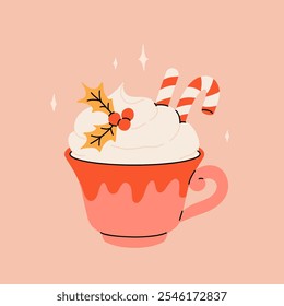 Christmas hot drink big collection. Flat cartoon beverages. Holiday cute mugs with hot cocoa, coffee, and mulled wine. New year drinks decorated with sweets and candy. Isolated vector illustration