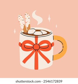 Christmas hot drink big collection. Flat cartoon beverages. Holiday cute mugs with hot cocoa, coffee, and mulled wine. New year drinks decorated with sweets and candy. Isolated vector illustration