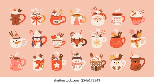 Christmas hot drink big collection. Flat cartoon beverages. Holiday cute mugs with hot cocoa, coffee, and mulled wine. New year drinks decorated with sweets and candy. Isolated vector illustration