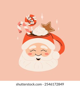 Christmas hot drink big collection. Flat cartoon beverages. Holiday cute mugs with hot cocoa, coffee, and mulled wine. New year drinks decorated with sweets and candy. Isolated vector illustration