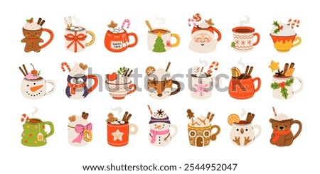 Christmas hot drink big collection. Flat cartoon beverages. Holiday cute mugs with hot cocoa, coffee, and mulled wine. New year drinks decorated with sweets and candy. Isolated vector illustration