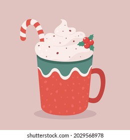 Christmas hot drink with candy cane. Merry Christmas. Hot chocolate, cup of coffee. Vector illustration.