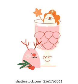 Christmas Hot Drink. Hot Chocolate or Cacao in a Mug with Marshmallows and Cookies. Cute Vector Illustration in Cartoon Style.