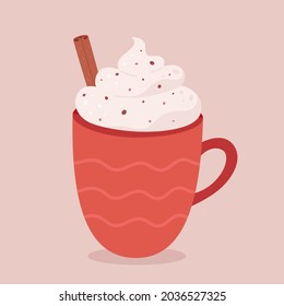Christmas hot drink with cinnamon. Hot coffee, hot chocolate. Vector illustration.