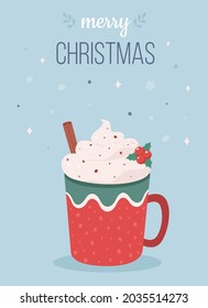 Christmas hot drink with cinnamon and mistletoe. Merry Christmas greeting card. Vector illustration.