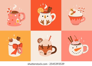 Christmas hot drink collection. Flat cartoon beverages. Holiday cute mugs with hot cocoa, coffee, and mulled wine. New year drinks decorated with sweets and candy. Isolated vector illustration