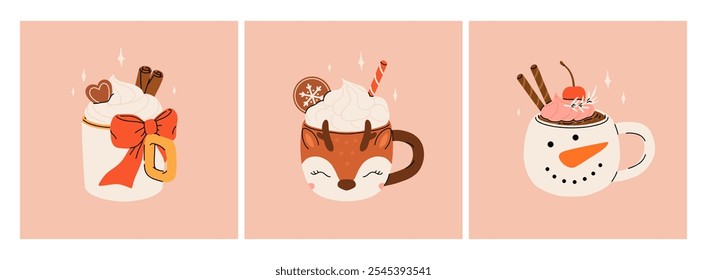 Christmas hot drink collection. Flat cartoon beverages. Holiday cute mugs with hot cocoa, coffee, and mulled wine. New year drinks decorated with sweets and candy. Isolated vector illustration