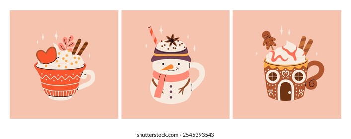 Christmas hot drink collection. Flat cartoon beverages. Holiday cute mugs with hot cocoa, coffee, and mulled wine. New year drinks decorated with sweets and candy. Isolated vector illustration