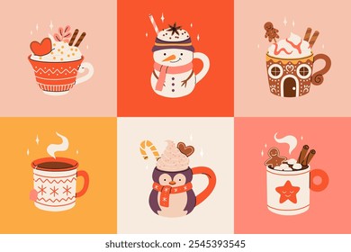 Christmas hot drink collection. Flat cartoon beverages. Holiday cute mugs with hot cocoa, coffee, and mulled wine. New year drinks decorated with sweets and candy. Isolated vector illustration