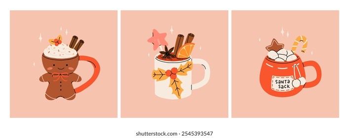 Christmas hot drink collection. Flat cartoon beverages. Holiday cute mugs with hot cocoa, coffee, and mulled wine. New year drinks decorated with sweets and candy. Isolated vector illustration