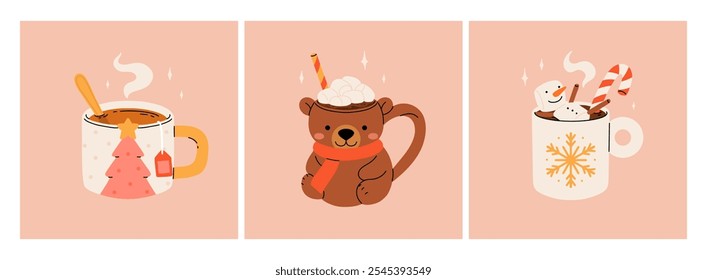 Coleção de bebidas quentes de Natal. Bebidas planas de animação. Canecas bonitas de férias com cacau quente, café e vinho ruminado. Bebidas de ano novo decoradas com doces e doces. Ilustração isolada de vetor