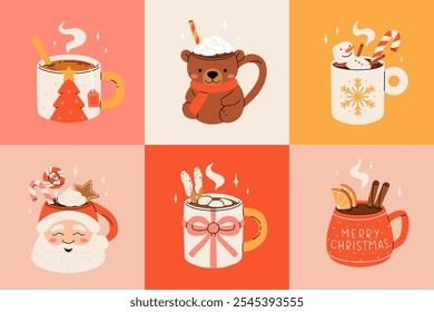 Christmas hot drink collection. Flat cartoon beverages. Holiday cute mugs with hot cocoa, coffee, and mulled wine. New year drinks decorated with sweets and candy. Isolated vector illustration