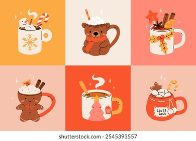 Christmas hot drink collection. Flat cartoon beverages. Holiday cute mugs with hot cocoa, coffee, and mulled wine. New year drinks decorated with sweets and candy. Isolated vector illustration