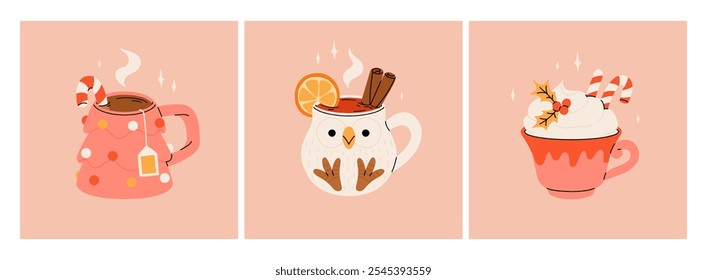 Christmas hot drink collection. Flat cartoon beverages. Holiday cute mugs with hot cocoa, coffee, and mulled wine. New year drinks decorated with sweets and candy. Isolated vector illustration