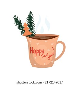 Christmas hot drink in colorful mug. Detailed New Years illustrations.