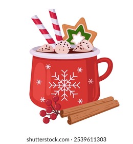 Christmas hot drink cup. Cartoon mug of hot cocoa with marshmallow, xmas hot beverage cup flat vector illustration. Winter holiday drink