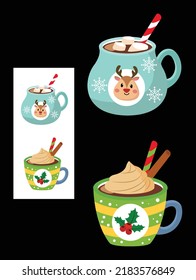 Christmas hot drink. Cup of hot chocolate or cocoa with marshmallows and cinnamon sticks. Winter dessert beverage.