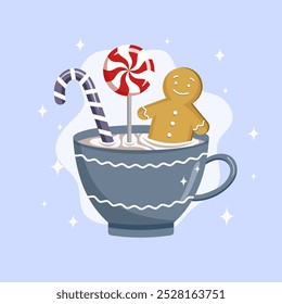 Christmas hot drink in a cup with lollipop, cookie and sweet cane. Vector illustration